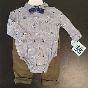 Little Lad denim/blue with airplanes onesie, green pants, and blue bow tie set